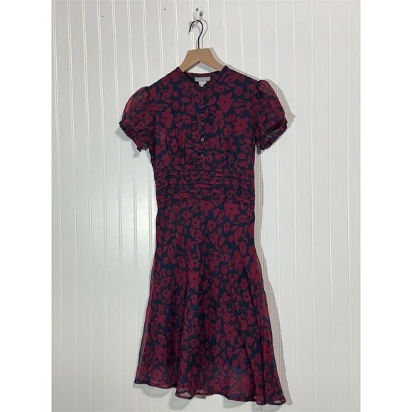 VTG dELiA*s Floral Midi Dress 90s Y2K Puff Sleeve Flare Navy Red S Ruched Waist - Picture 1 of 9